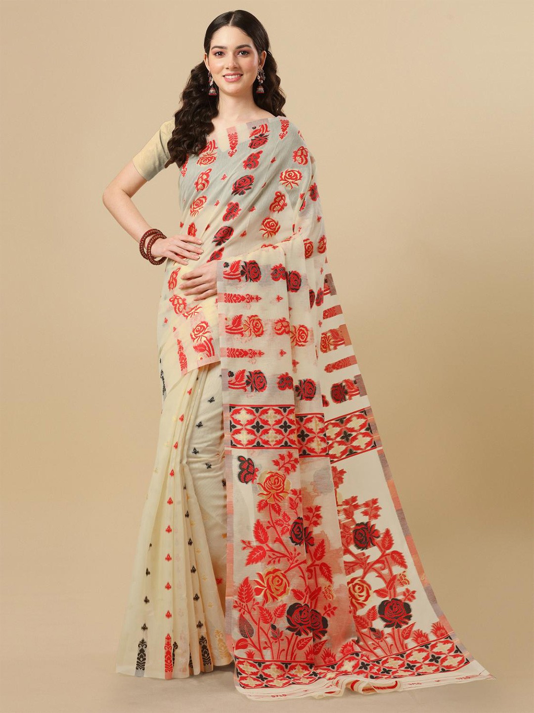 

LIMDO Cream Coloured Ethnic Woven Design Pure Cotton Jamdani Saree