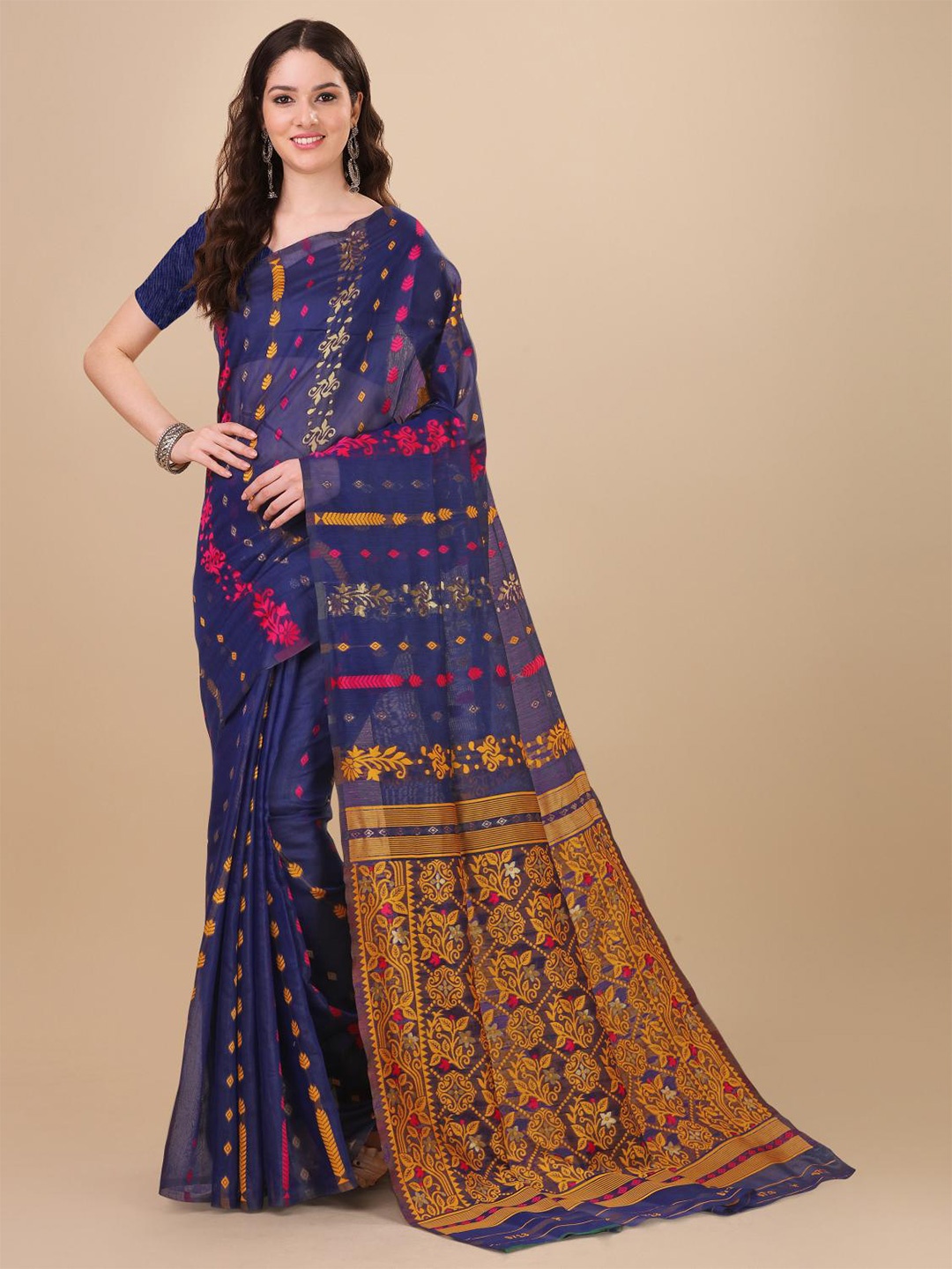 

LIMDO Woven Design Pure Cotton Jamdani Saree, Blue