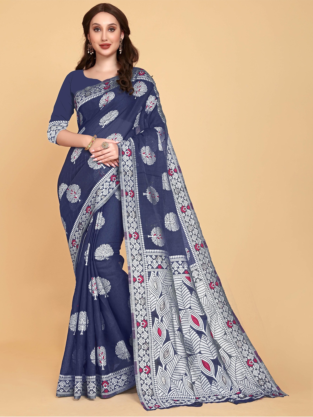 

LIMDO Woven Design Pure Cotton Jamdani Saree, Blue
