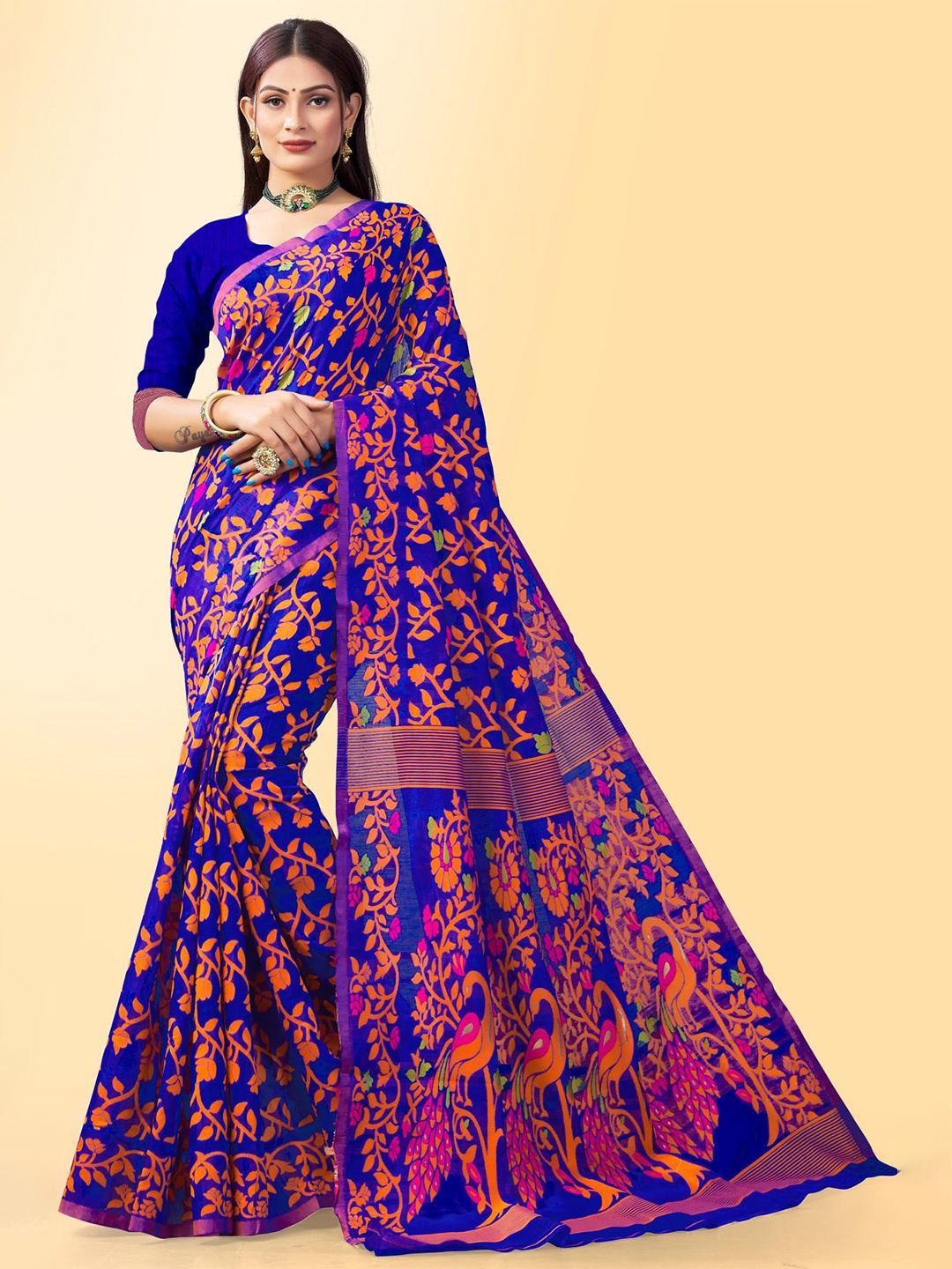 LIMDO Floral Woven Design Pure Cotton Jamdani Saree, Blue