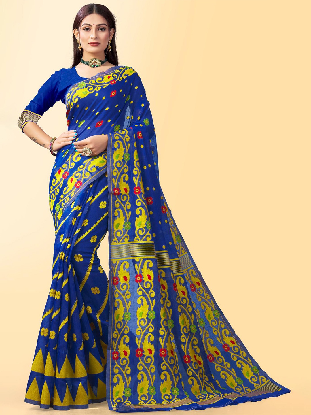 

LIMDO Ethnic Motifs Woven Design Pure Cotton Jamdani Saree, Blue