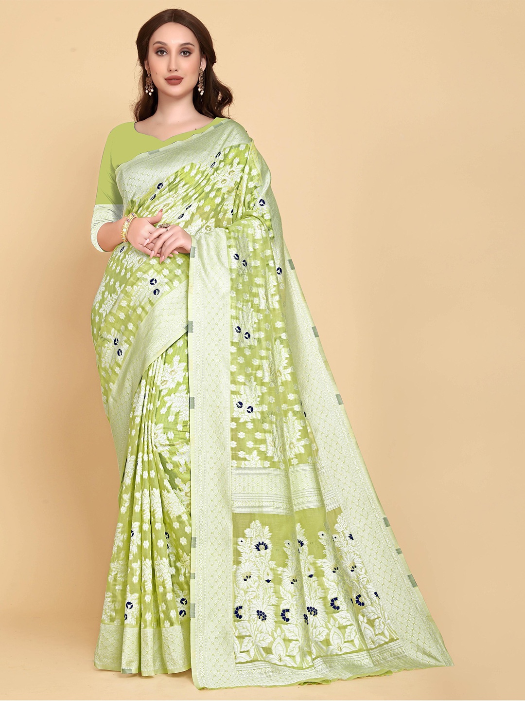 

LIMDO Woven Design Pure Cotton Jamdani Saree, Lime green