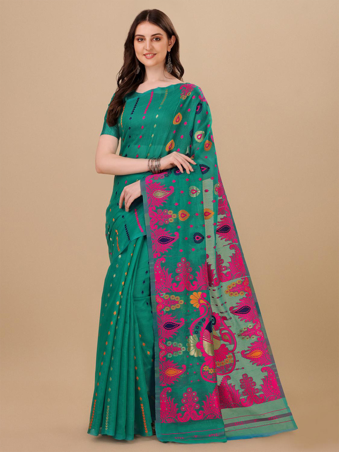 

LIMDO Ethnic Motifs Woven Design Pure Cotton Jamdani Saree, Teal
