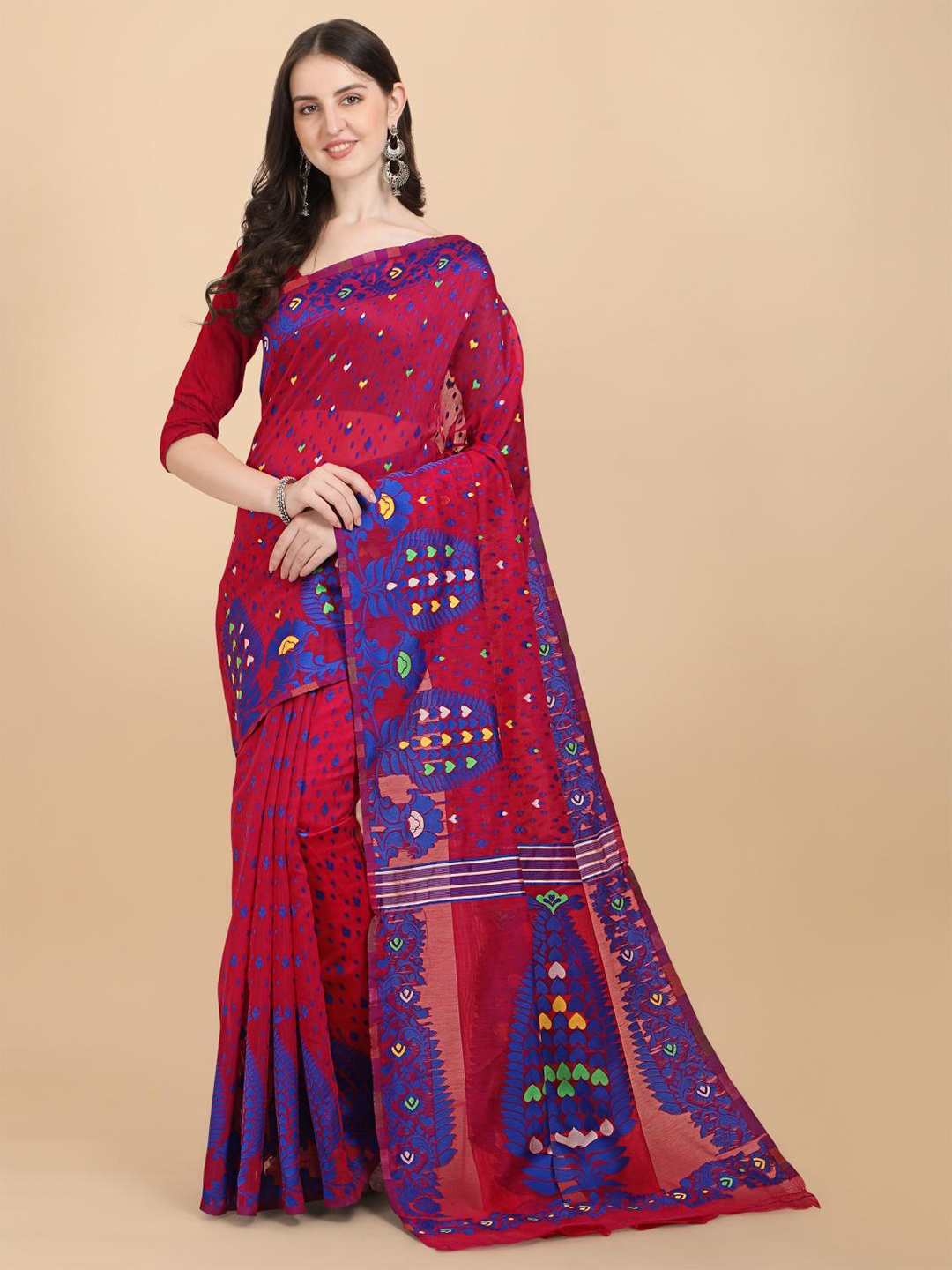 

LIMDO Ethnic Motifs Woven Design Pure Cotton Jamdani Saree, Pink