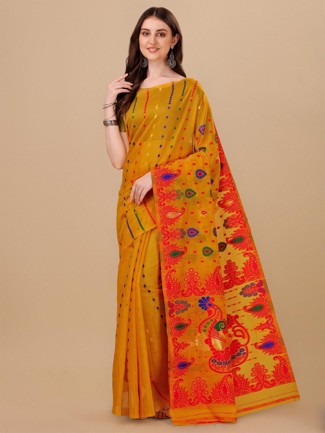 

LIMDO Woven Design Pure Cotton Jamdani Saree, Gold