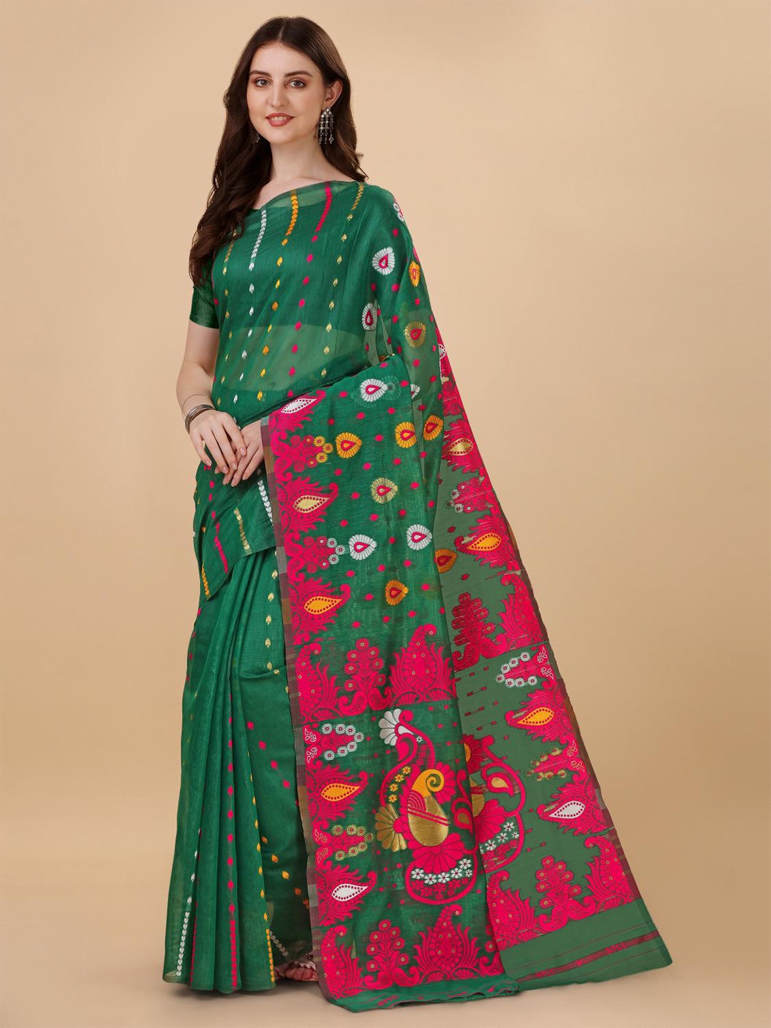 

LIMDO Woven Design Pure Cotton Jamdani Saree, Green