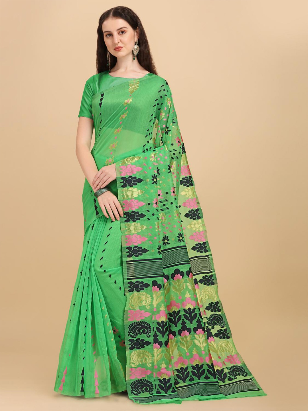 

LIMDO Ethnic Motifs Woven Design Zari Pure Cotton Jamdani Saree, Lime green