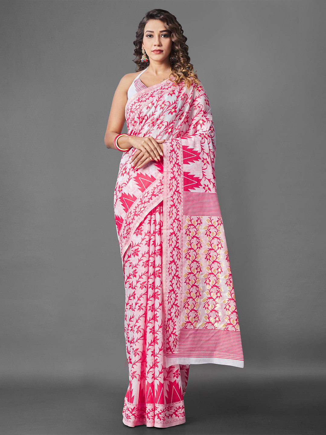 

LIMDO White and Pink Ethnic Woven Design Pure Cotton Jamdani Saree