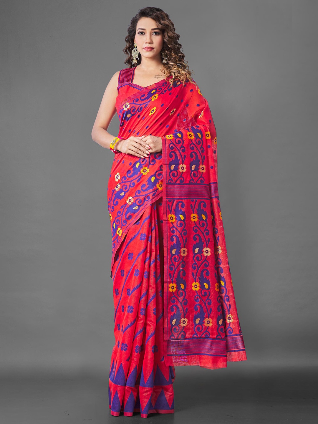 

LIMDO Pink Ethnic Woven Design Pure Cotton Jamdani Saree