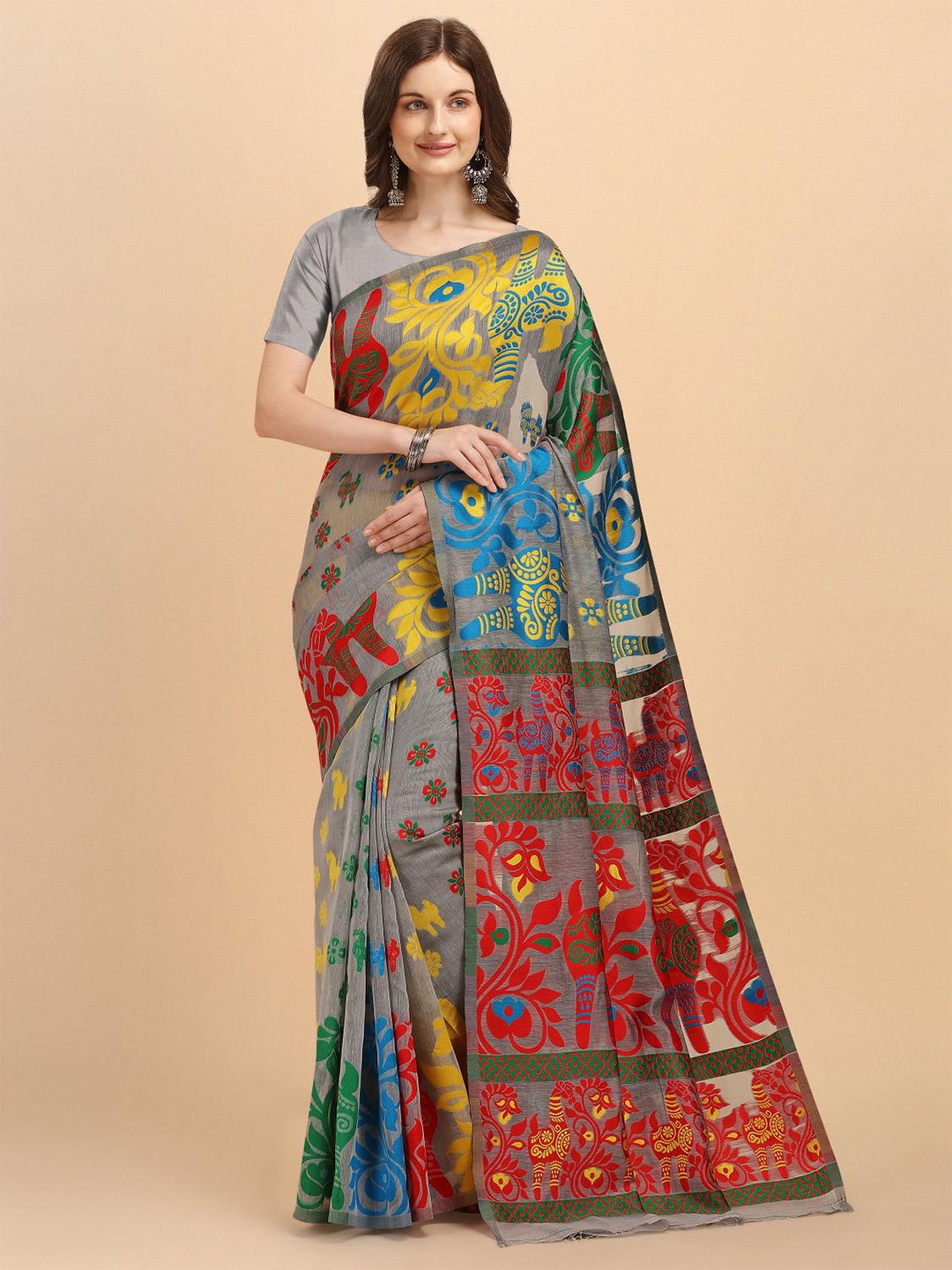 

LIMDO Woven Design Pure Cotton Jamdani Saree, Grey