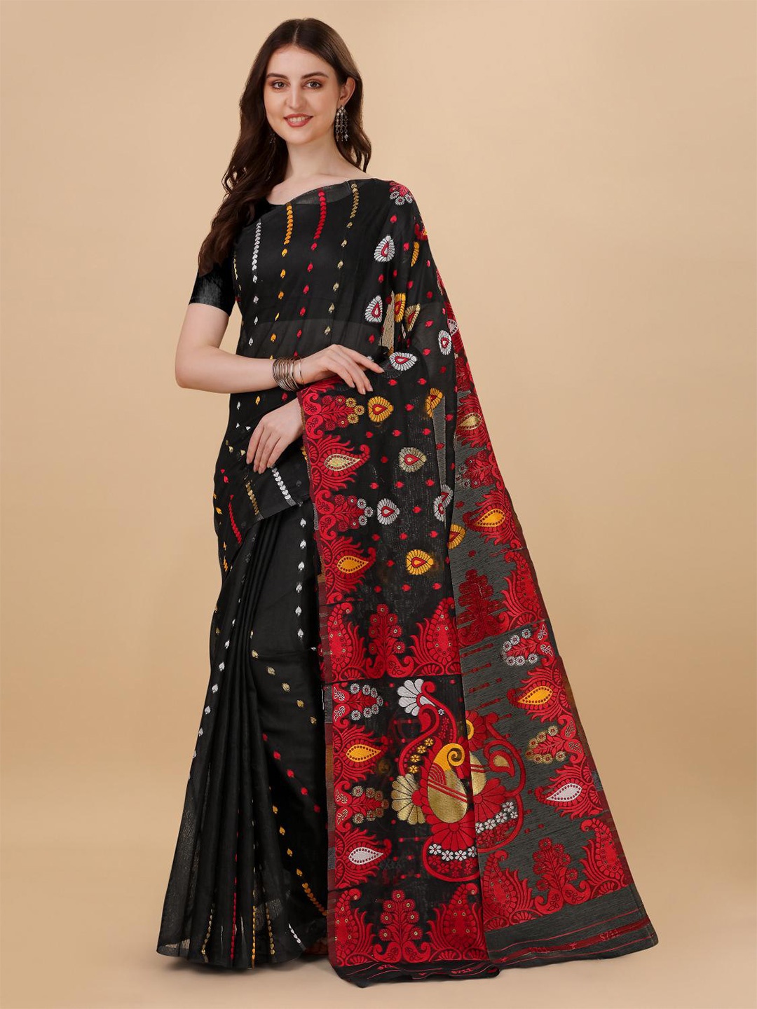 

LIMDO Ethnic Motifs Woven Design Pure Cotton Jamdani Saree, Black