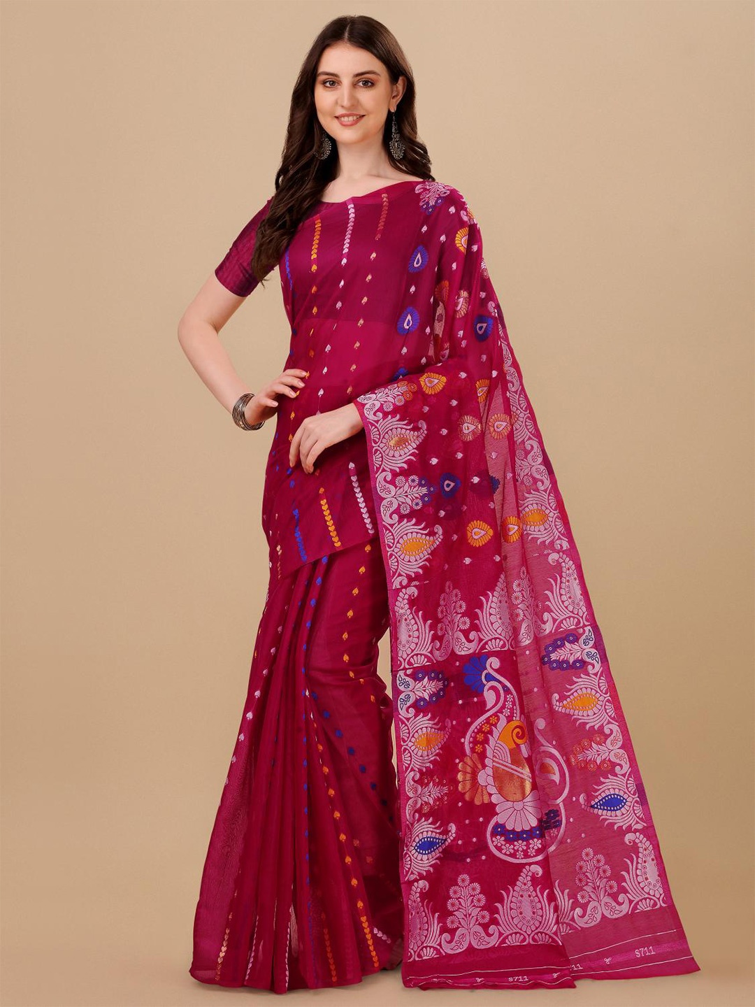 

LIMDO Pink Ethnic Woven Design Pure Cotton Jamdani Saree