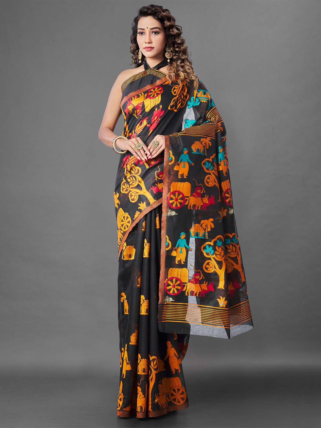 

LIMDO Woven Design Pure Cotton Jamdani Saree, Black