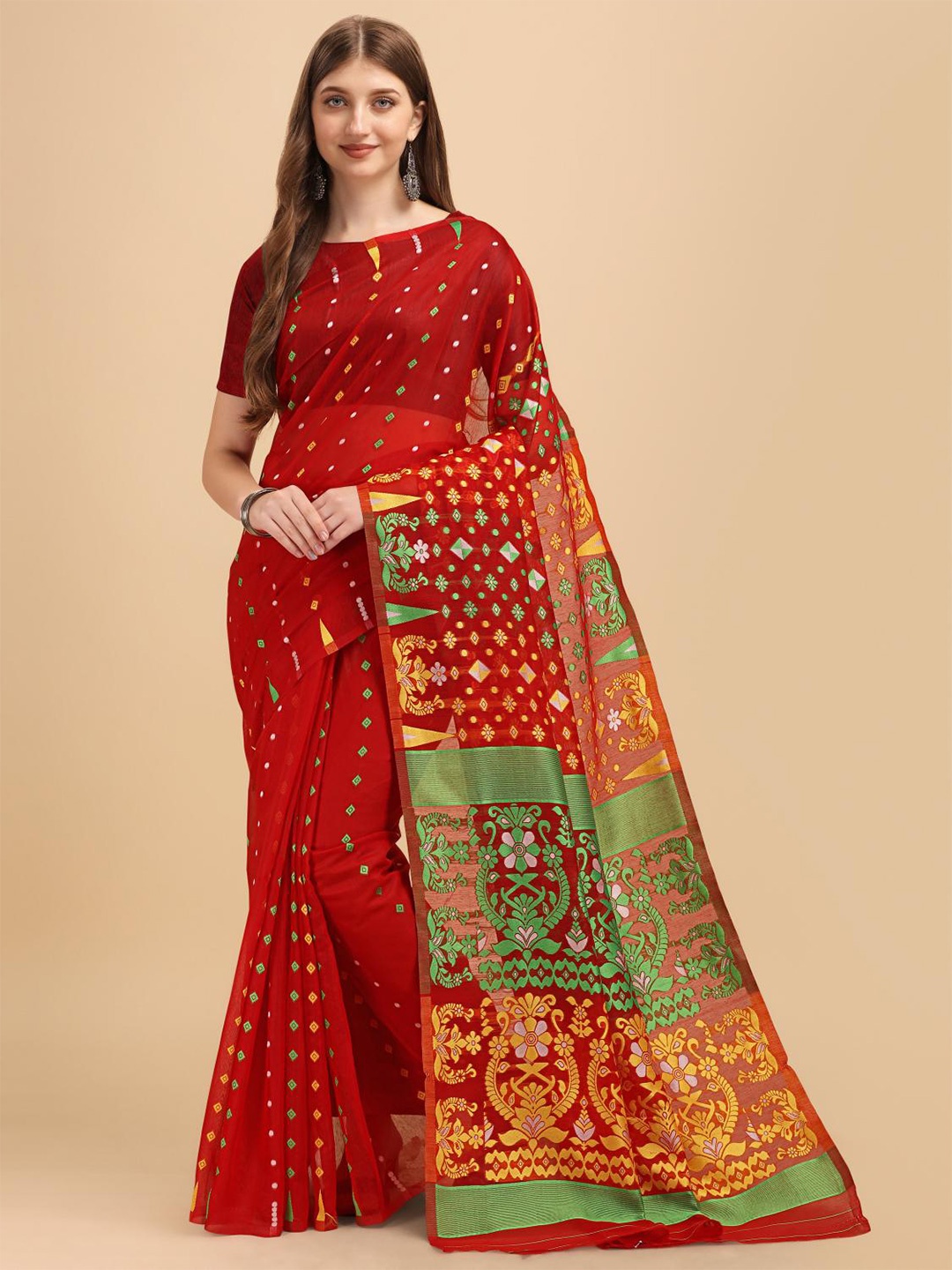 

LIMDO Ethnic Motifs Woven Design Pure Cotton Jamdani Saree, Red