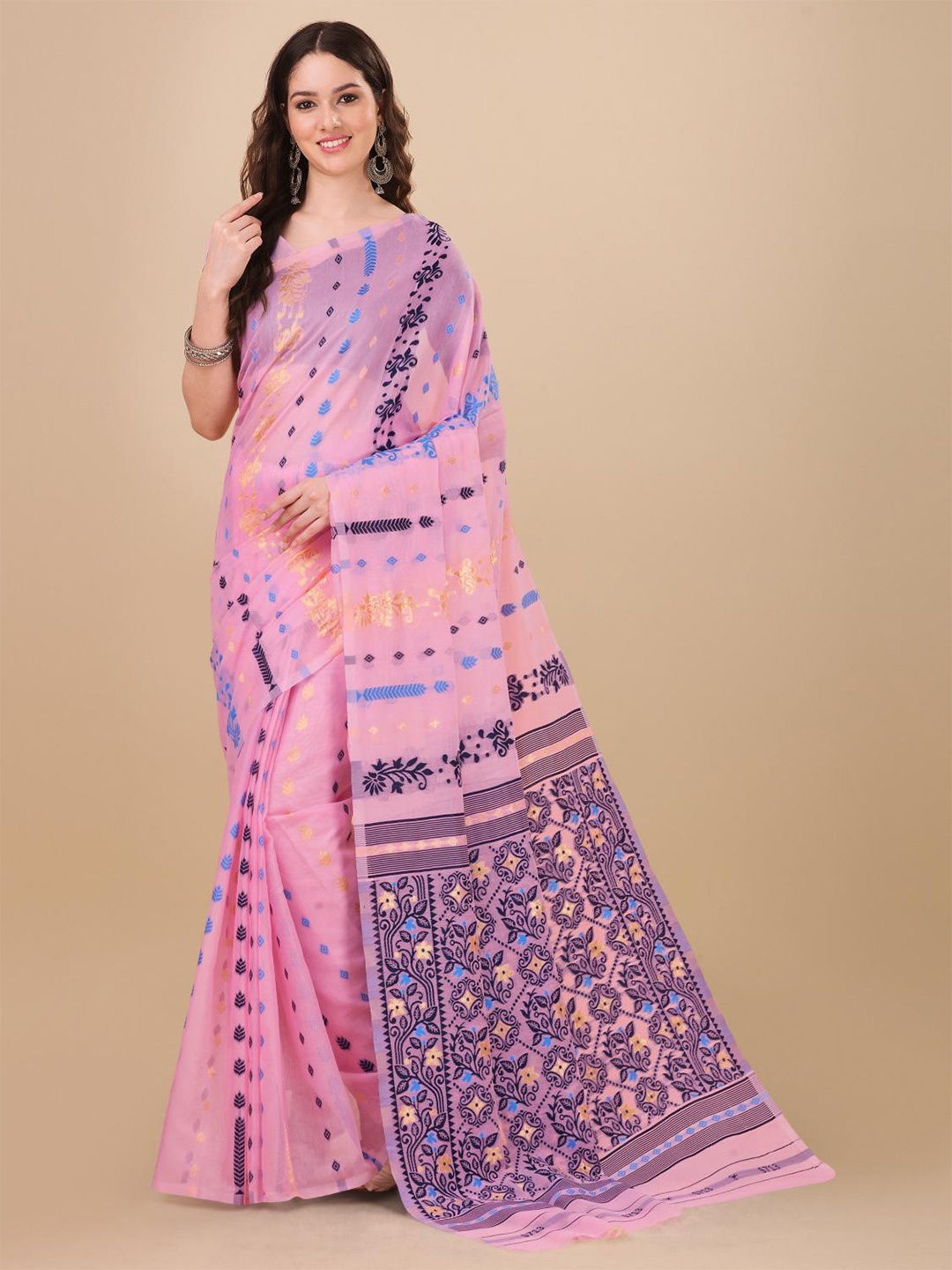 LIMDO Ethnic Motifs Woven Design Pure Cotton Jamdani Saree, Peach