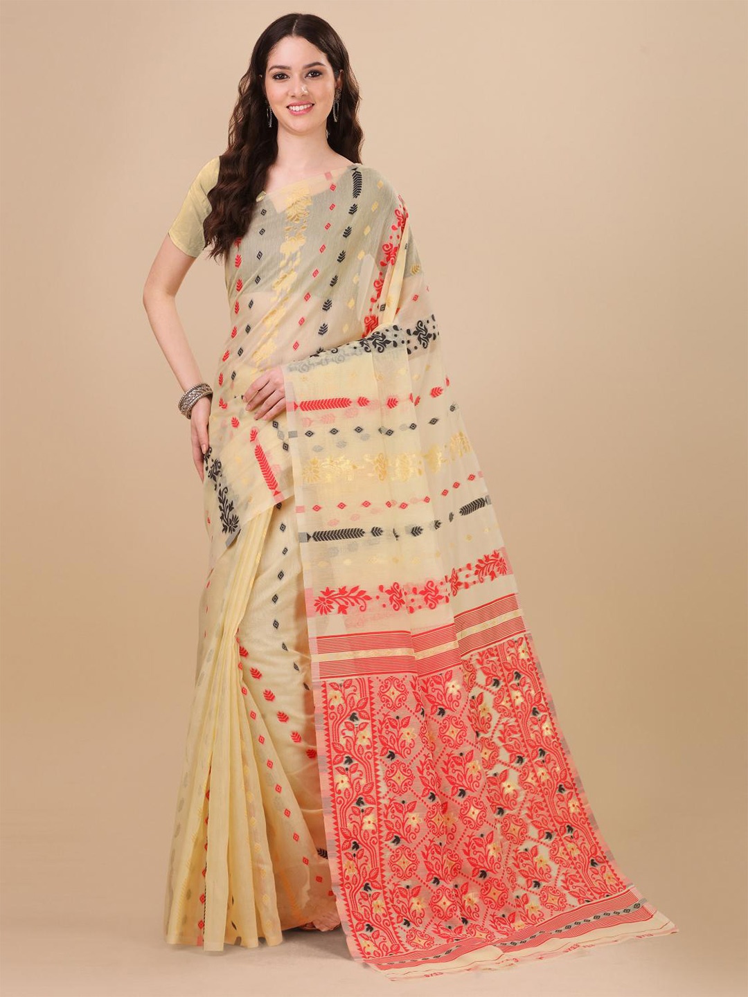 

LIMDO Ethnic Motifs Woven Design Pure Cotton Jamdani Saree, Cream