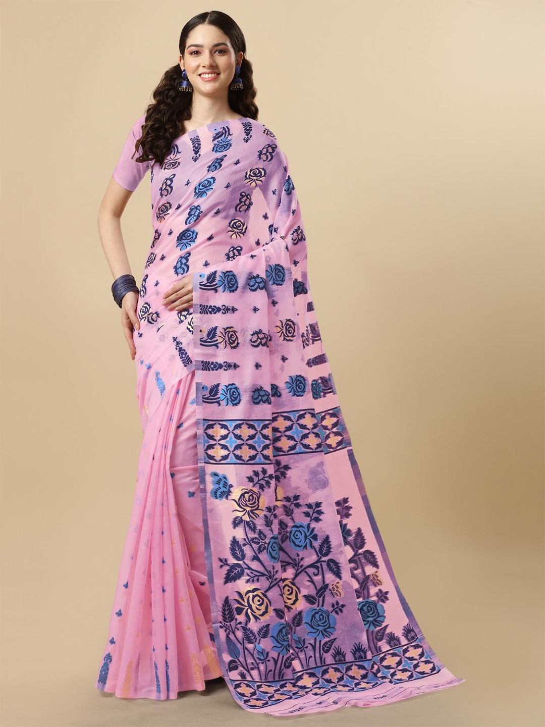 

LIMDO Woven Design Pure Cotton Jamdani Saree, Rose gold