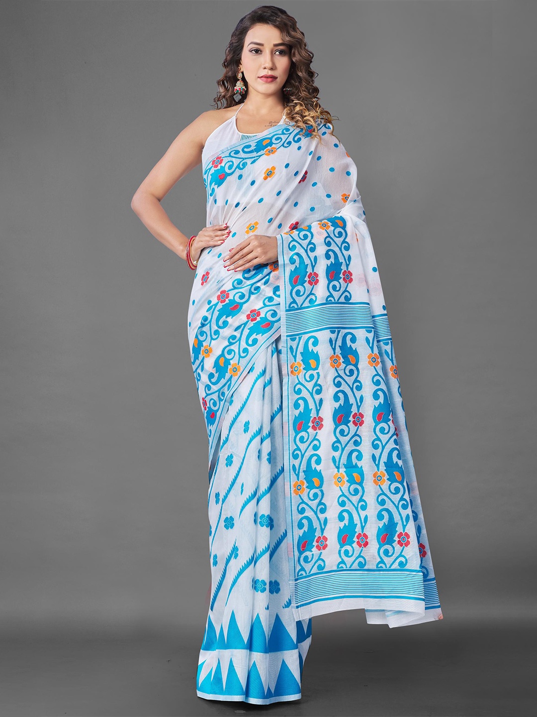 

LIMDO Ethnic Motifs Woven Design Pure Cotton Jamdani Saree, White