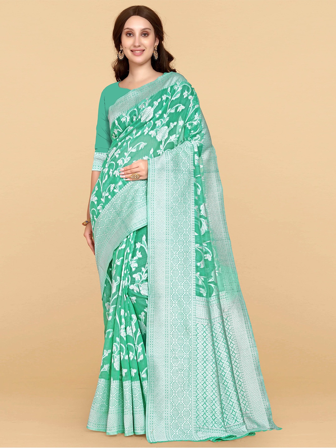 

LIMDO Ethnic Motifs Woven Design Zari Pure Cotton Jamdani Saree, Teal