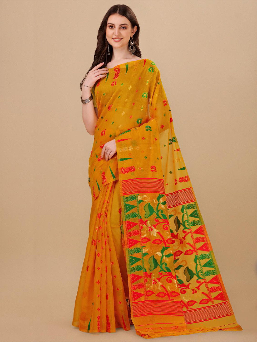

LIMDO Floral Woven Design Pure Cotton Jamdani Saree, Gold