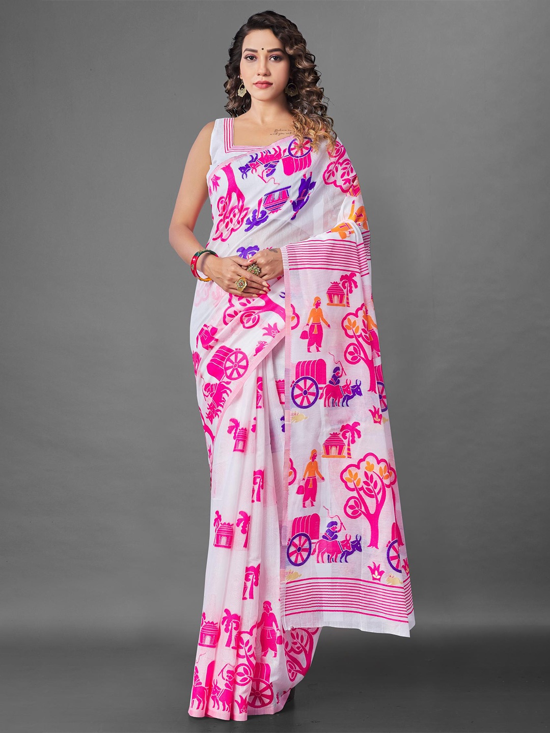LIMDO Floral Woven Design Pure Cotton Jamdani Saree, White