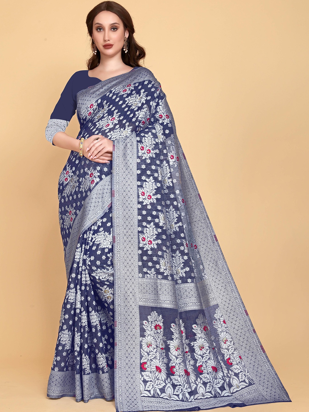

LIMDO Ehthic Motif Woven Design Zari Pure Cotton Jamdani Saree, Blue