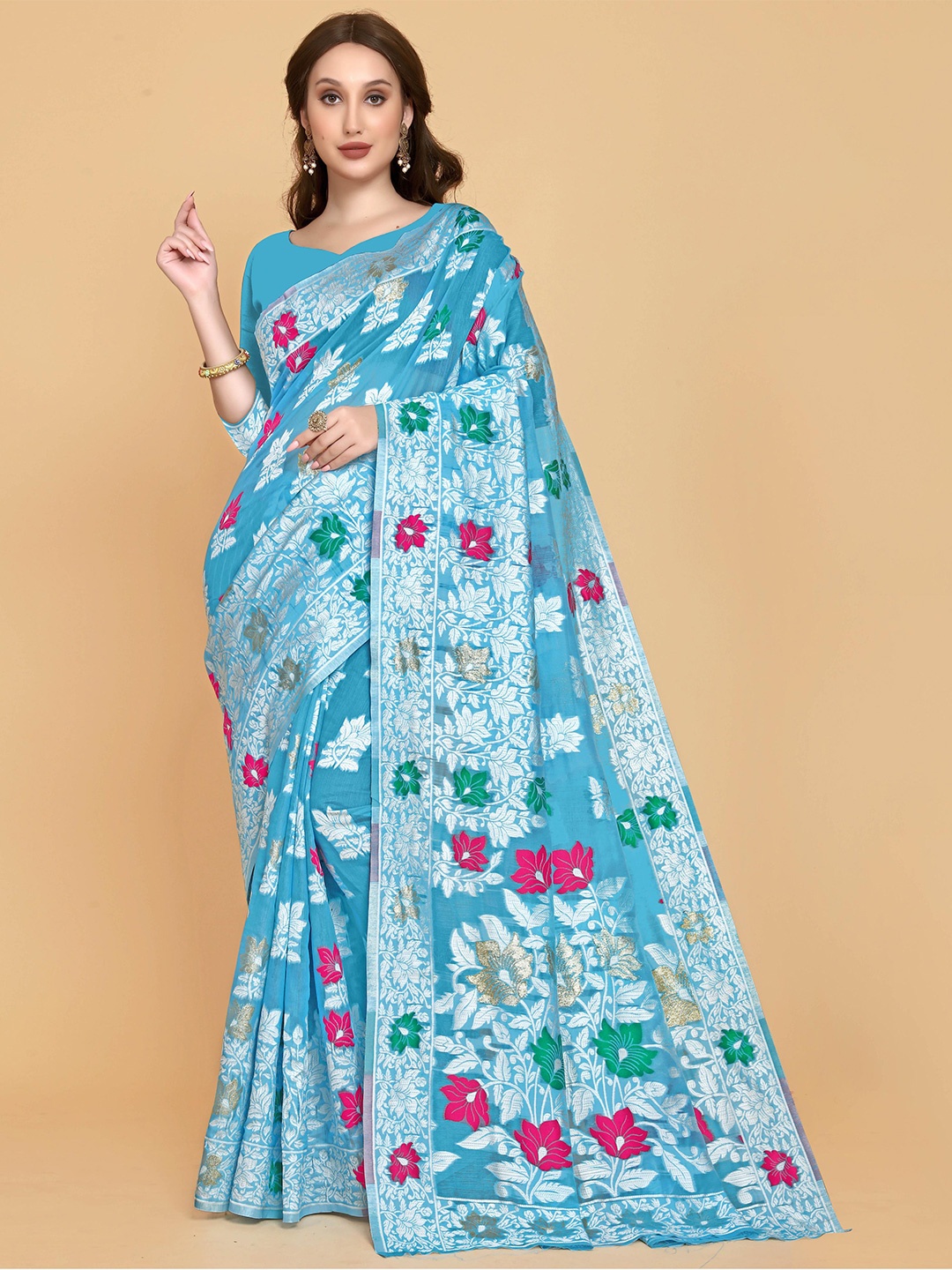 

LIMDO Floral Woven Design Pure Cotton Jamdani Saree, Sea green