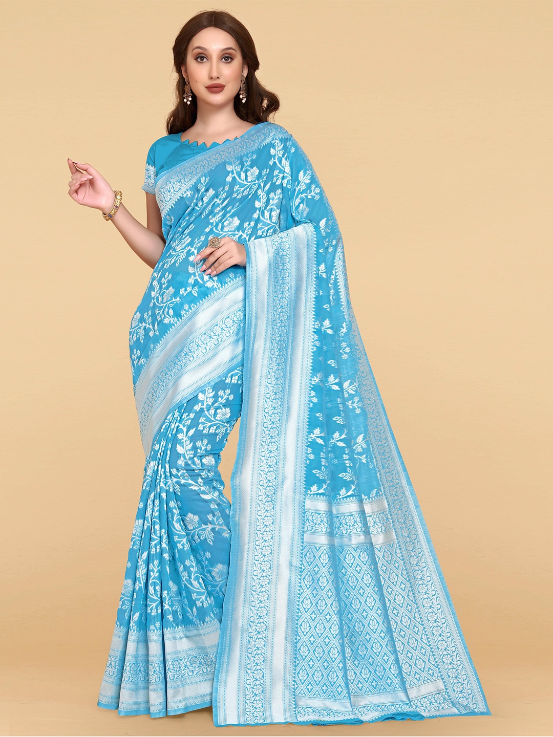 

LIMDO Woven Design Pure Cotton Jamdani Saree, Sea green
