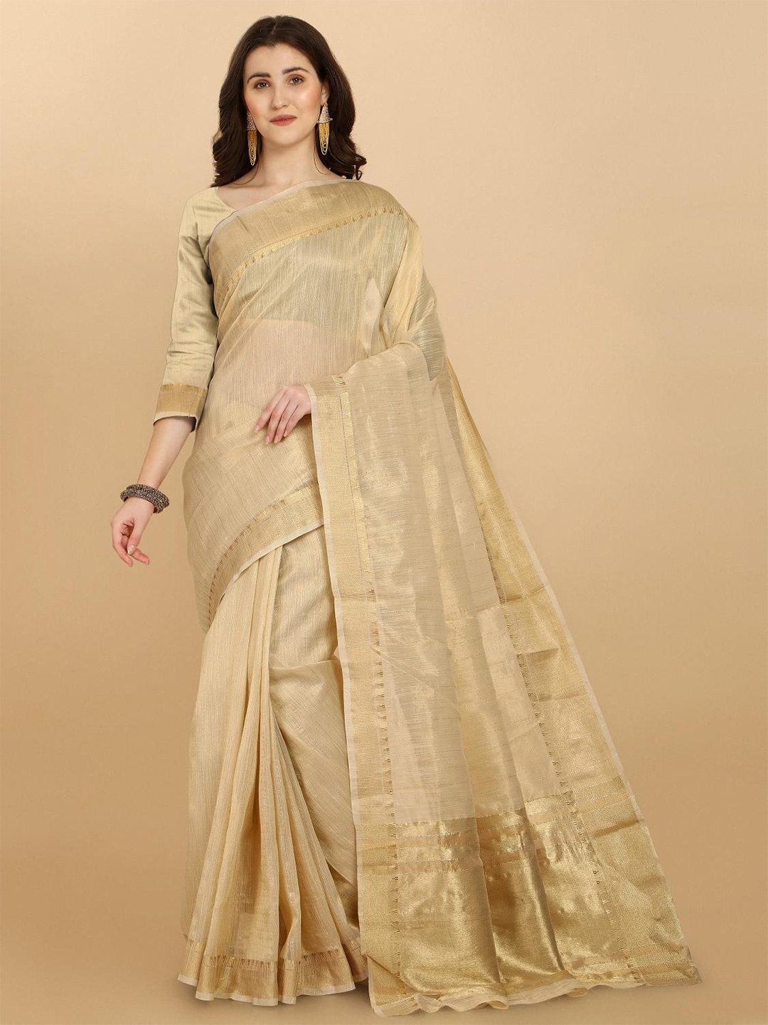

LIMDO Zari Pure Silk Banarasi Saree, Cream