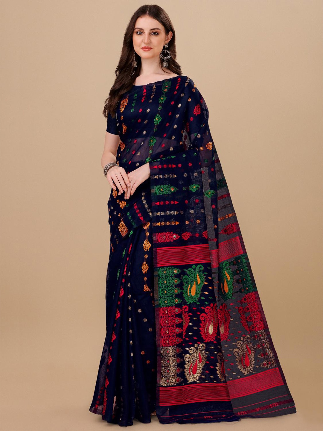 

LIMDO Ethnic Motifs Woven Design Pure Cotton Jamdani Saree, Navy blue