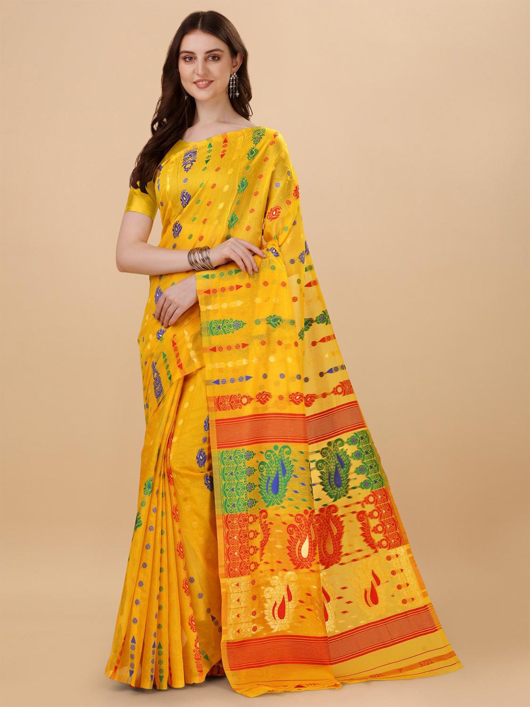 

LIMDO Ethnic Motifs Woven Design Pure Cotton Jamdani Saree, Gold
