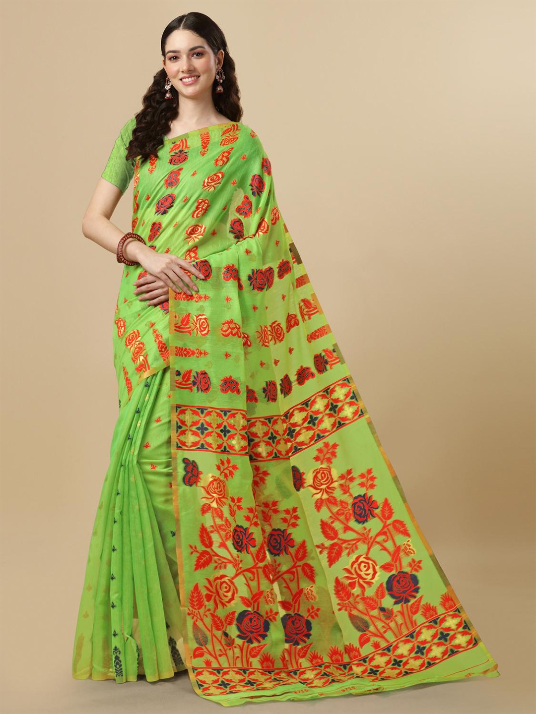 

LIMDO Floral Woven Design Pure Cotton Jamdani Saree, Lime green