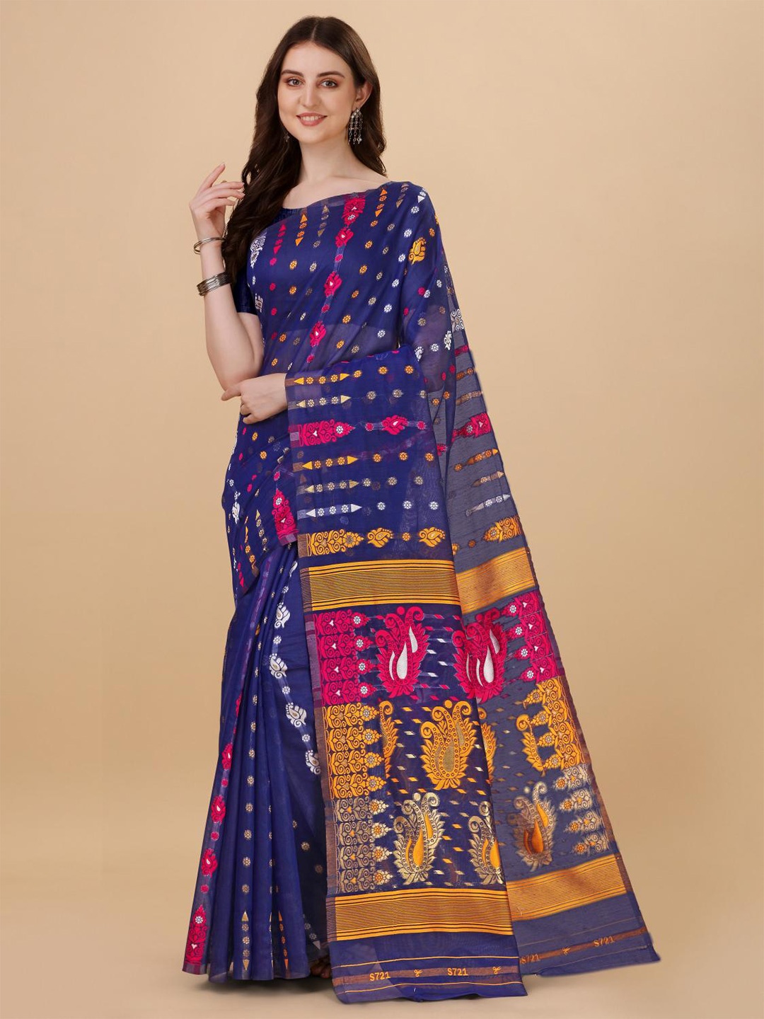 LIMDO Woven Design Pure Cotton Jamdani Saree, Blue