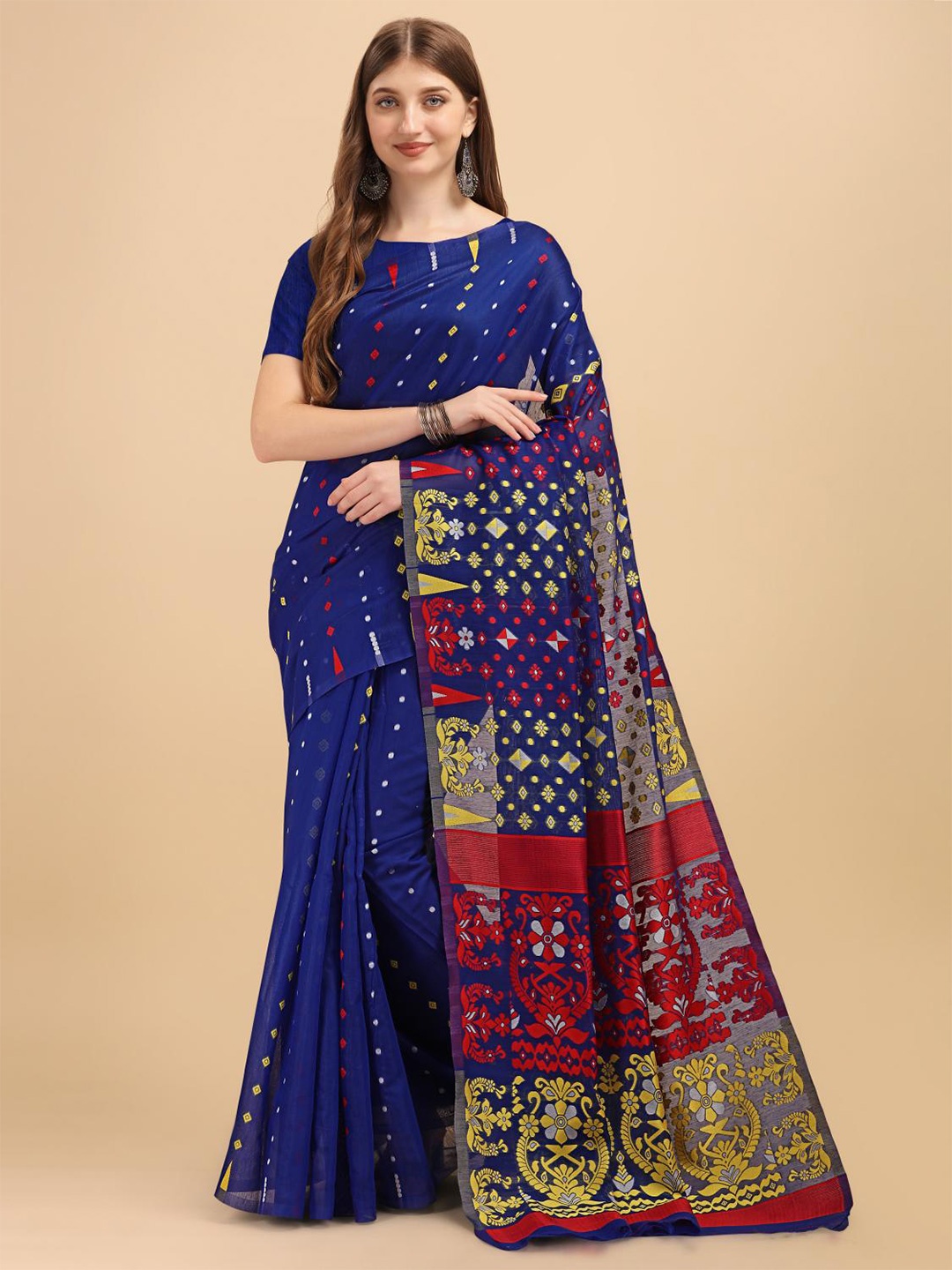 

LIMDO Woven Design Pure Cotton Jamdani Saree, Blue