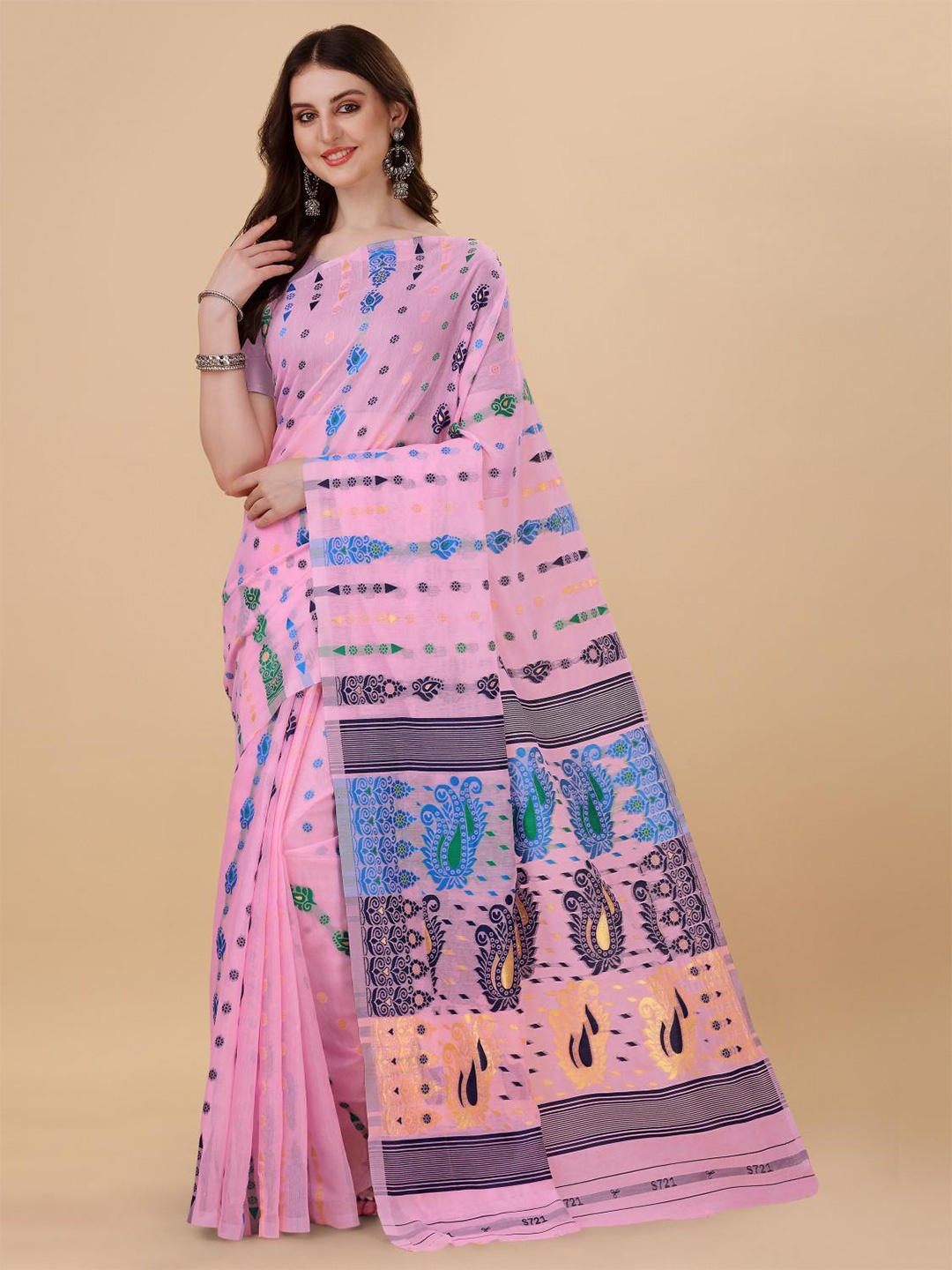 

LIMDO Ethnic Motifs Woven Design Pure Cotton Jamdani Saree, Pink