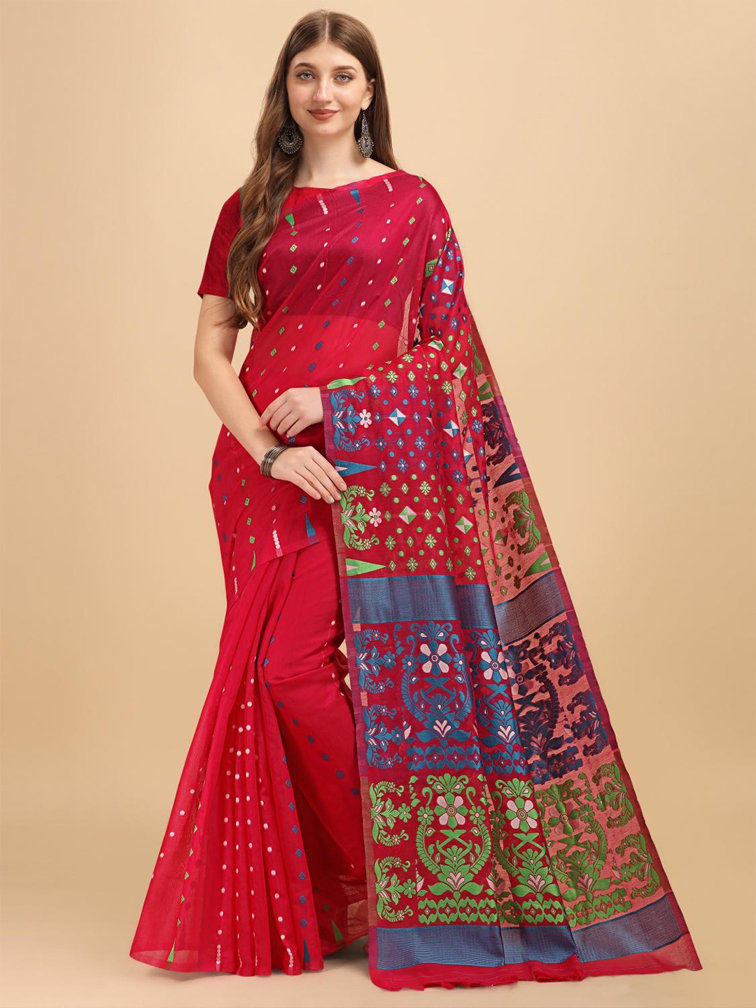 

LIMDO Woven Design Pure Cotton Jamdani Saree, Pink