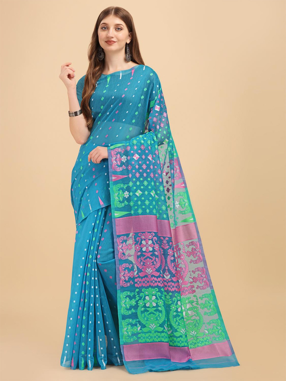 

LIMDO Ethnic Motifs Woven Design Pure Cotton Jamdani Saree, Sea green