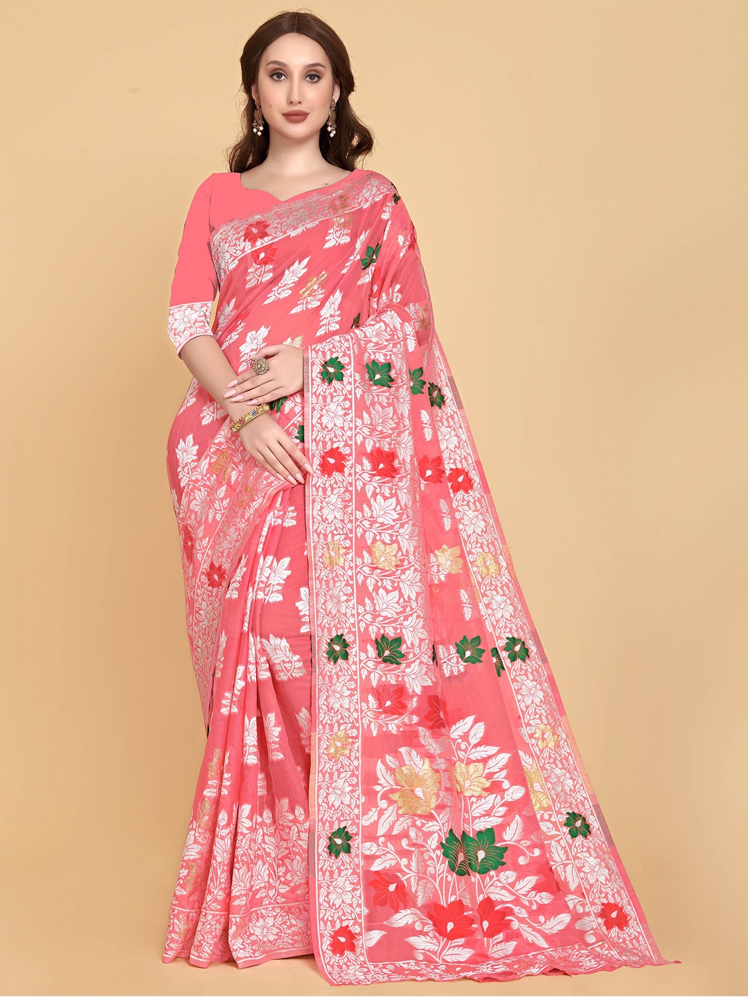 

LIMDO Ethnic Motifs Woven Design Pure Cotton Jamdani Saree, Pink