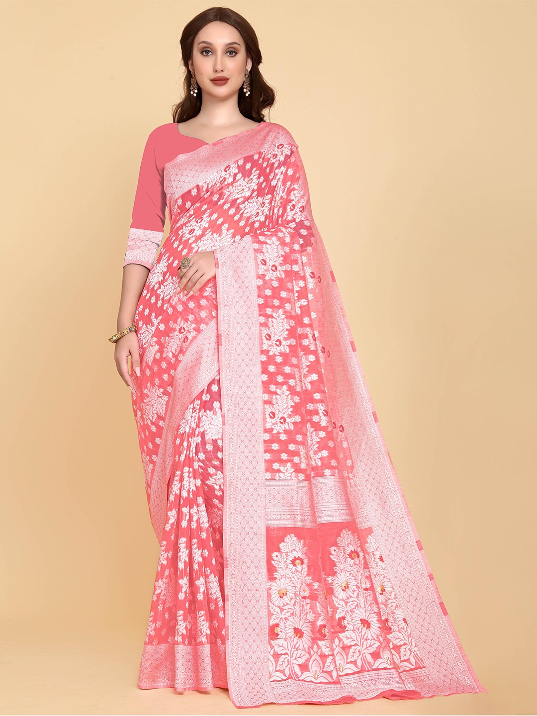 

LIMDO Woven Design Pure Cotton Jamdani Saree, Pink