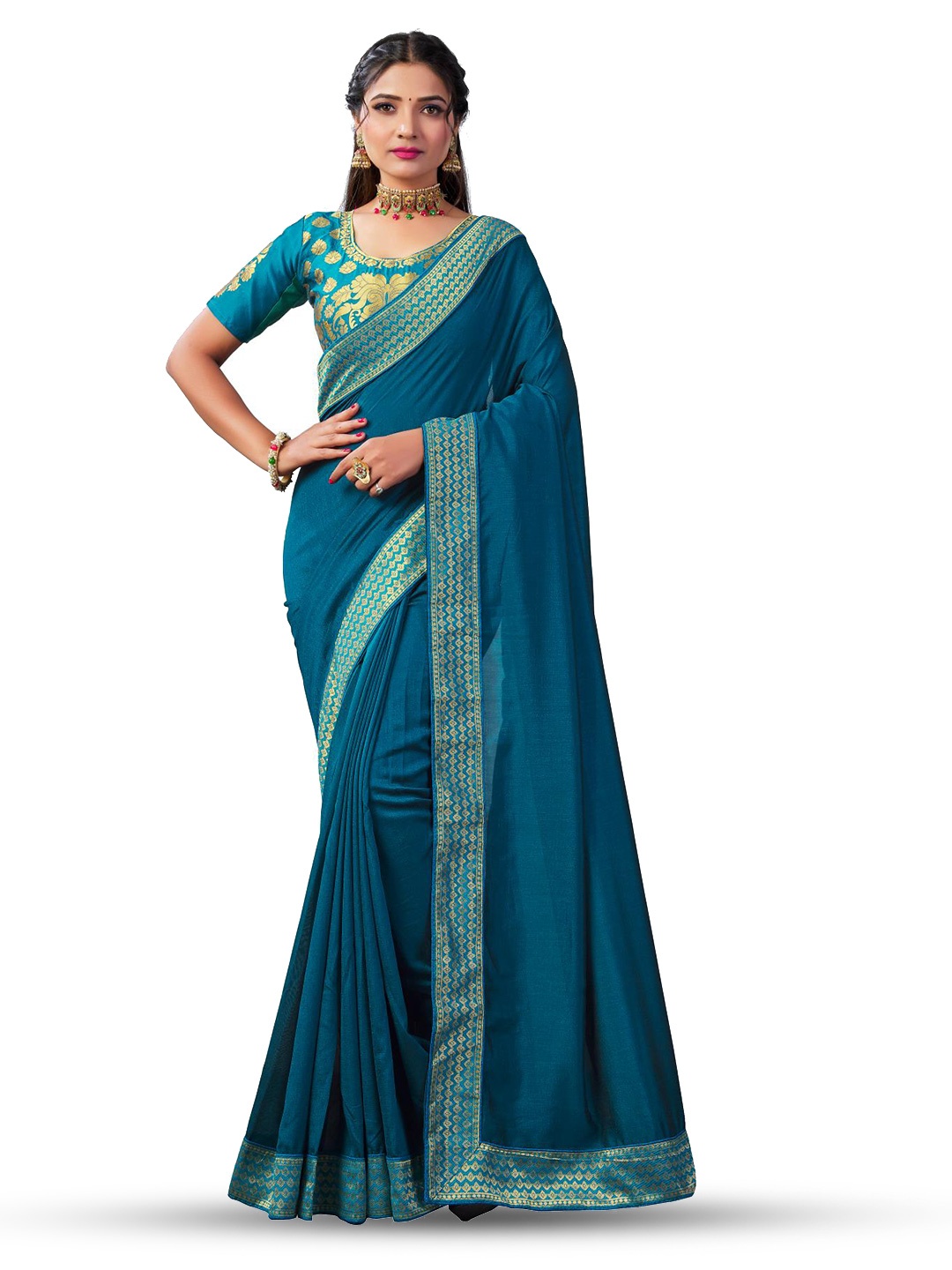 

LIMDO Sea Green Ethnic Woven Design Pure Silk Banarasi Saree