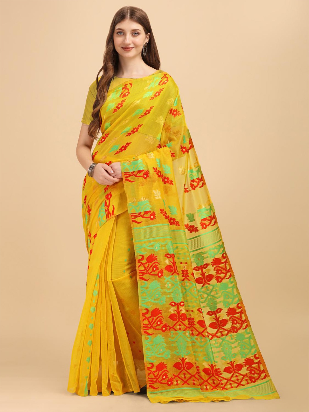 

LIMDO Floral Woven Design Pure Cotton Jamdani Saree, Yellow