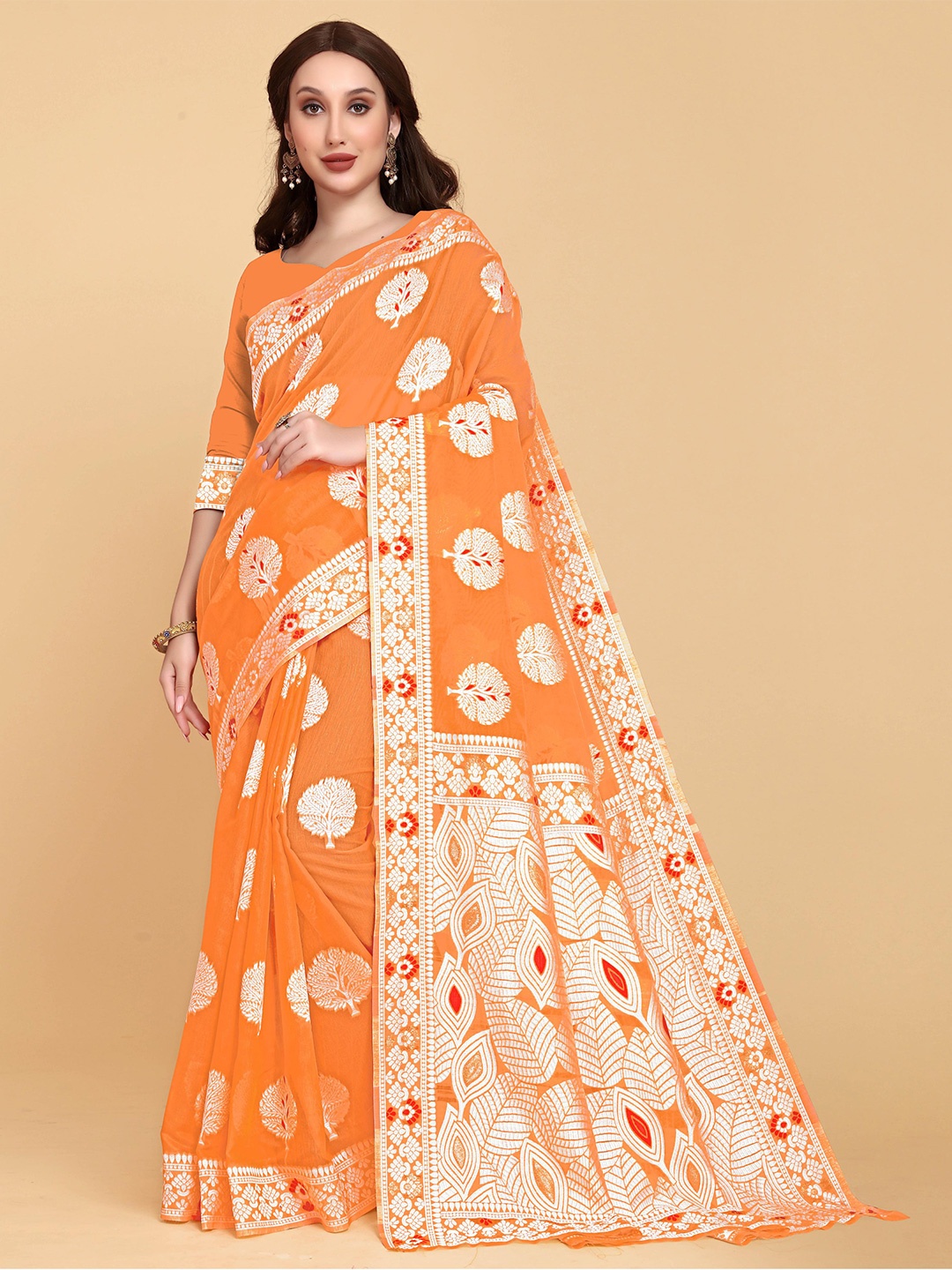 LIMDO Woven Design Pure Cotton Jamdani Saree, Orange