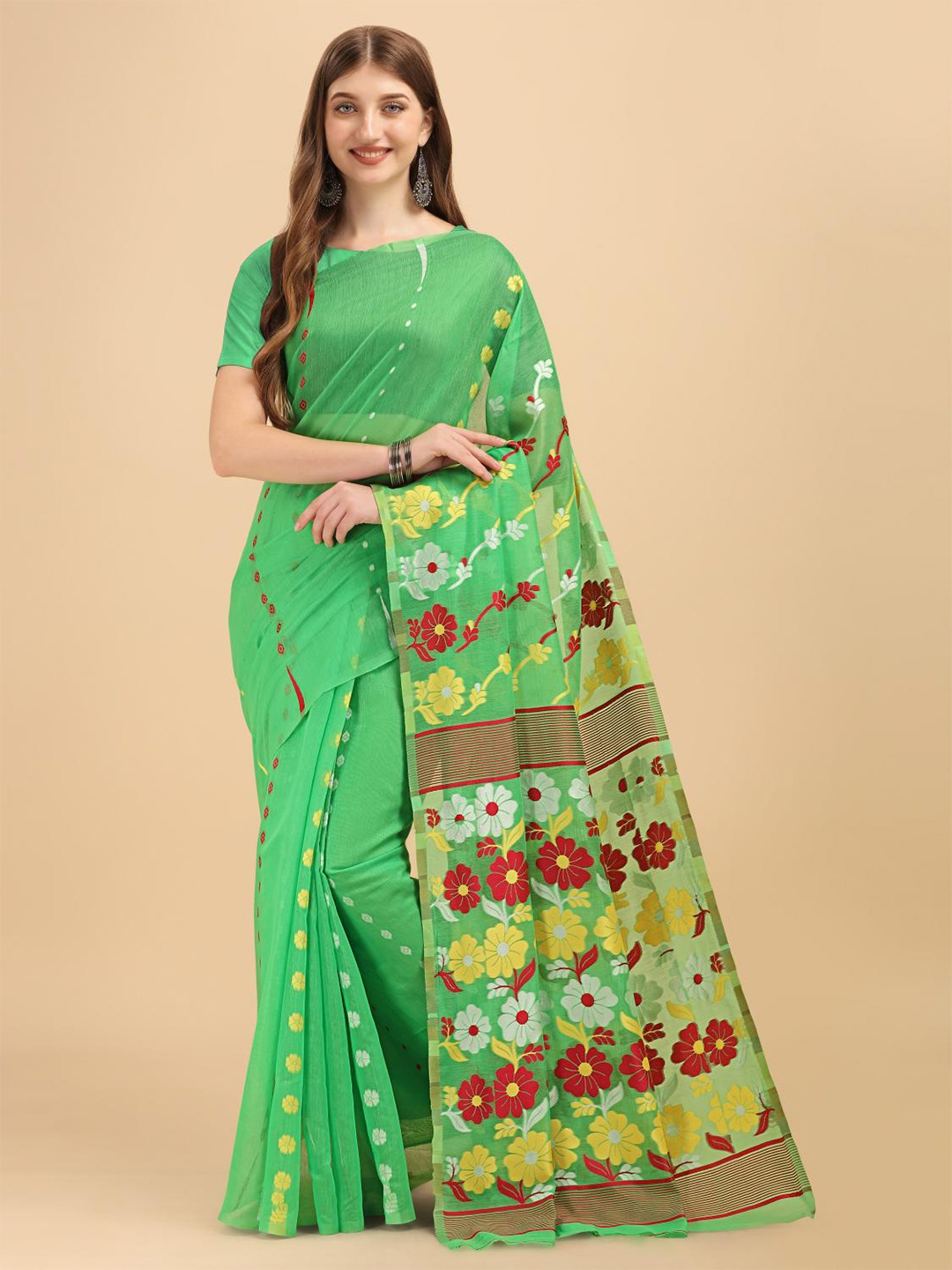 

LIMDO Floral Woven Design Pure Cotton Jamdani Saree, Green
