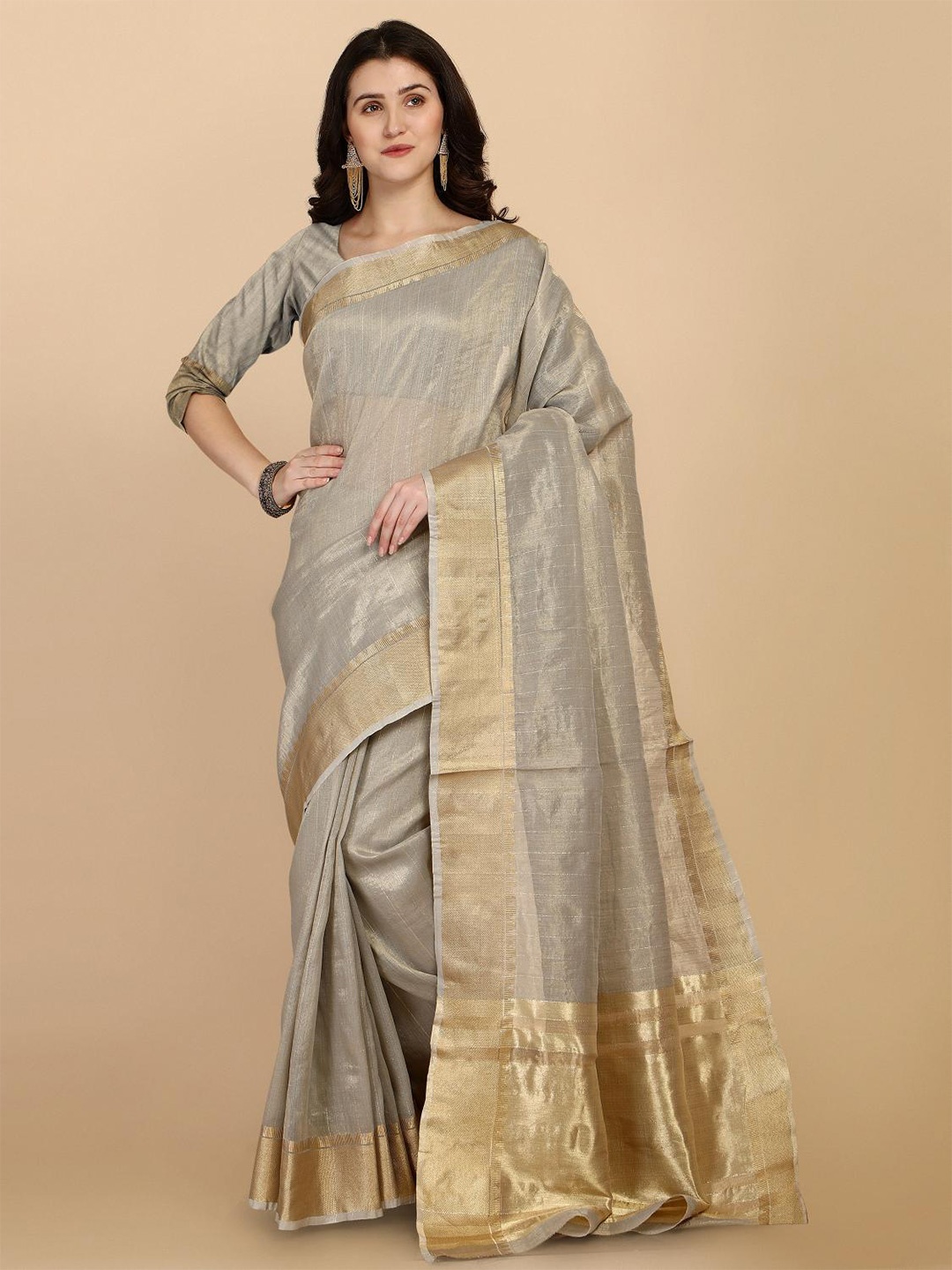 

LIMDO Ethnic Motifs Woven Design Pure Silk Banarasi Saree, Grey