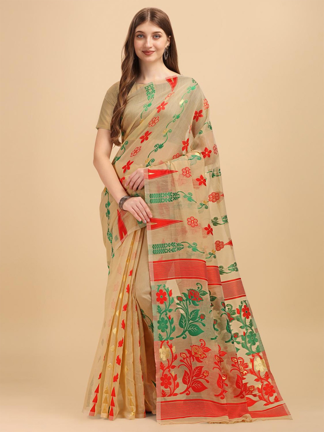 

LIMDO Ethnic Motifs Woven Design Pure Cotton Jamdani Saree, Cream