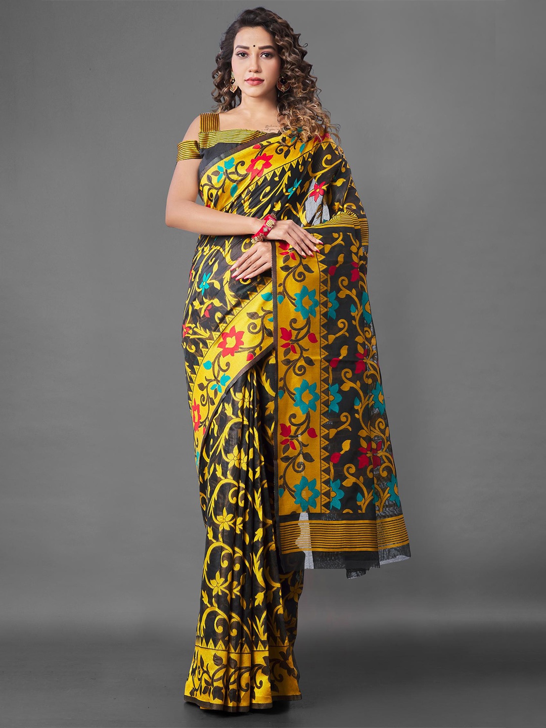 

LIMDO Floral Woven Design Pure Cotton Jamdani Saree, Black