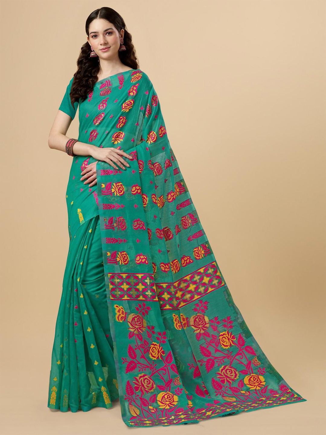 

LIMDO Woven Design Pure Cotton Jamdani Saree, Teal