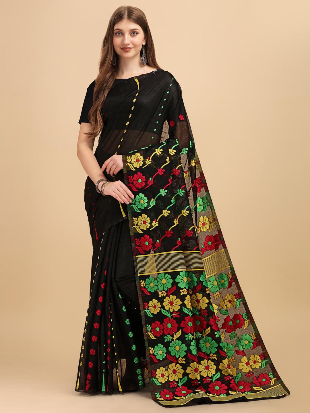 

LIMDO Woven Design Pure Cotton Jamdani Saree, Black
