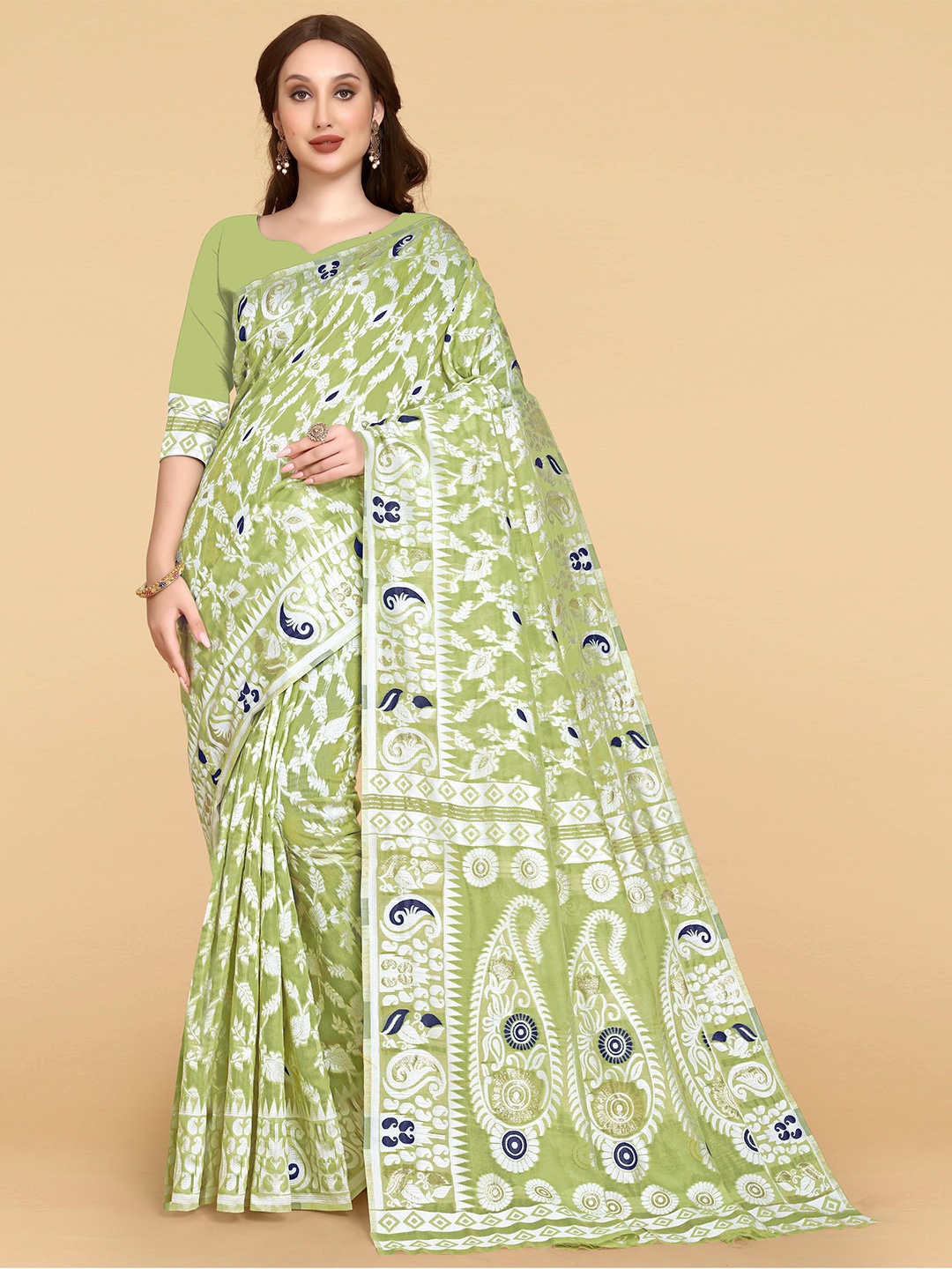 

LIMDO Ethnic Motifs Woven Design Pure Cotton Jamdani Saree, Lime green