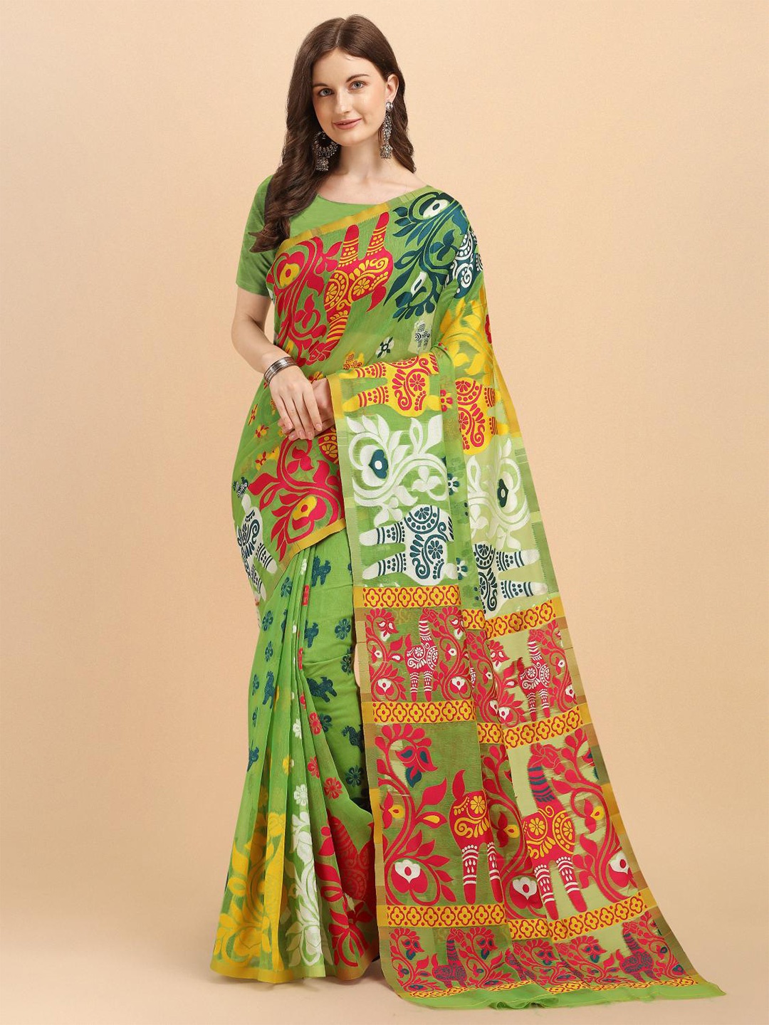 

LIMDO Ethnic Motifs Woven Design Pure Cotton Jamdani Saree, Lime green